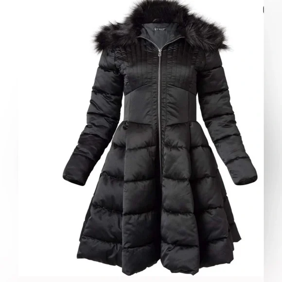 VENUS Black Puffer Coat with Faux Fur Trim - Picture 1 of 6